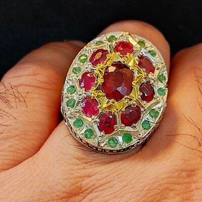 Real Big Red Ruby with small Rubies around with Moissanite Stones Gorgeous Ring