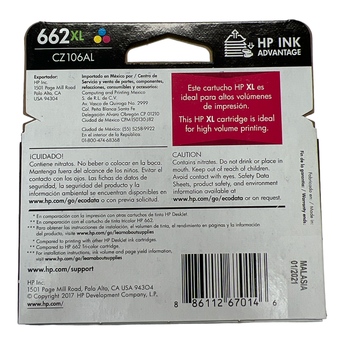 HP 662 XL TRI-COLOR INK ORIGINAL CARTRIDGE HP DESKJET retail box