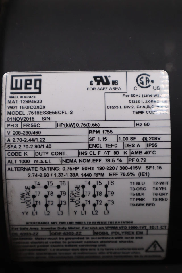 NEW OPEN BOX WEG 7518ES3E56CFL-S 3ph 0.75hp 230/460V 1755rpm MOTOR STK M196CC - Image 2 of 4