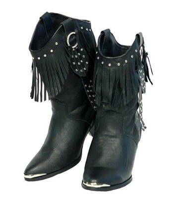 Santa Fe Black Leather + Crystal Fringe Western Cowgirl Boots Ladies 8.5M SWF500