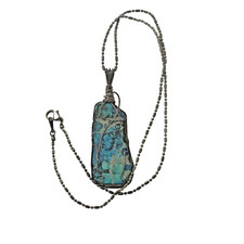 Blue Stone Wire Wrapped Rectangle Charm Pendant Necklace Ball/Bead Silver Chain