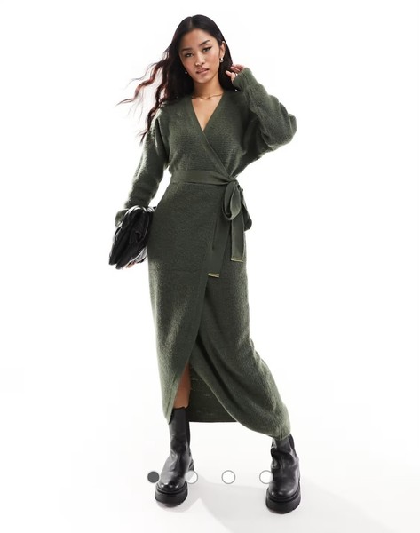 River Island Belted Midi Knitted Wrap Dress Size Medium Khaki Green Worn Once 