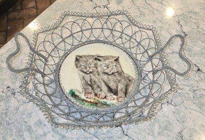 Antique French Wire Basket Hand Paint Porcelain 2 Cats Kittens Decorative Plate