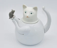 Vintage Copco White Cat Enamel Teapot ~  Broken Mouse Tail