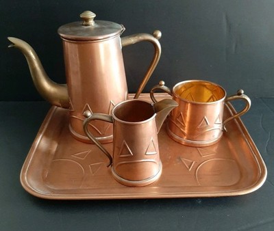 Antique Gebruder Bing Copper & Brass Tea Set Nurnburg Germany Jugendstil 