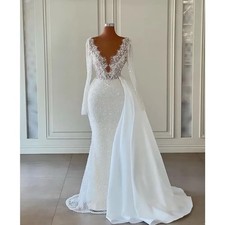 Sexy Sparkly Mermaid Wedding Dresses Pearls Beading Sheer V Neck Long Sleeve