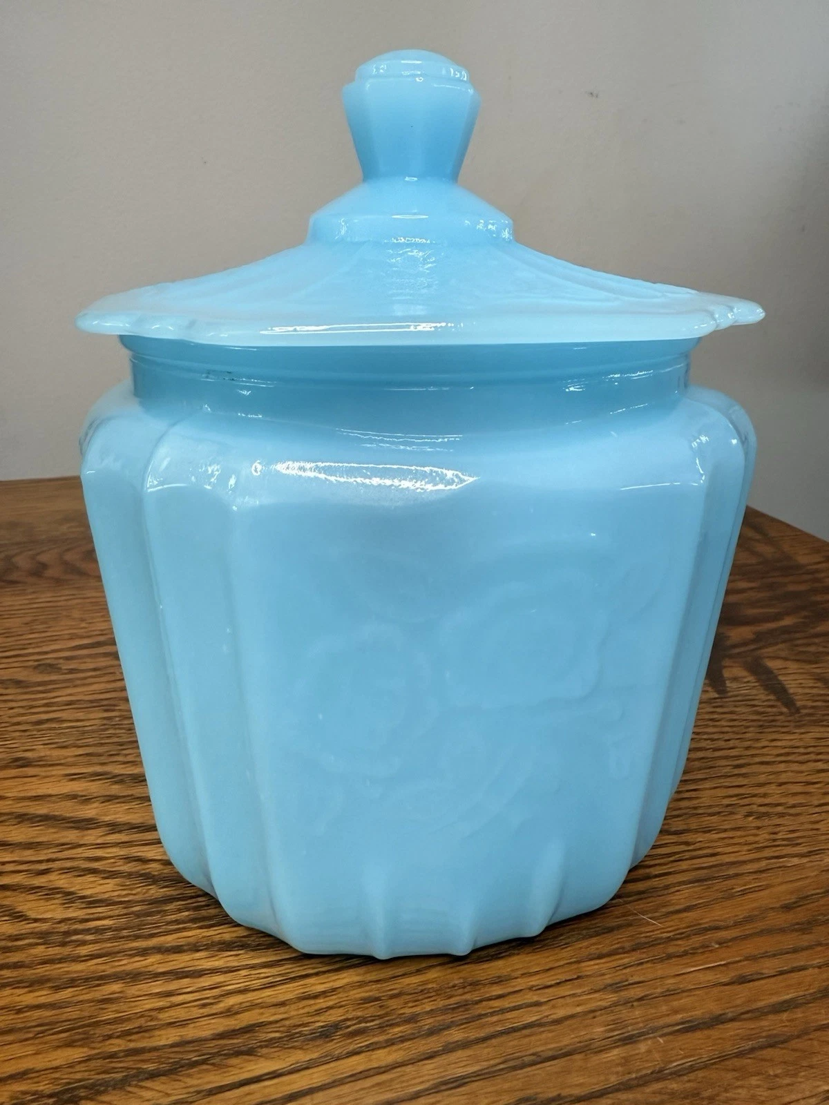 Vintage Baby Blue Depression/ Milk Glass Jar Mayfield Rose Design 7 Inches Tall