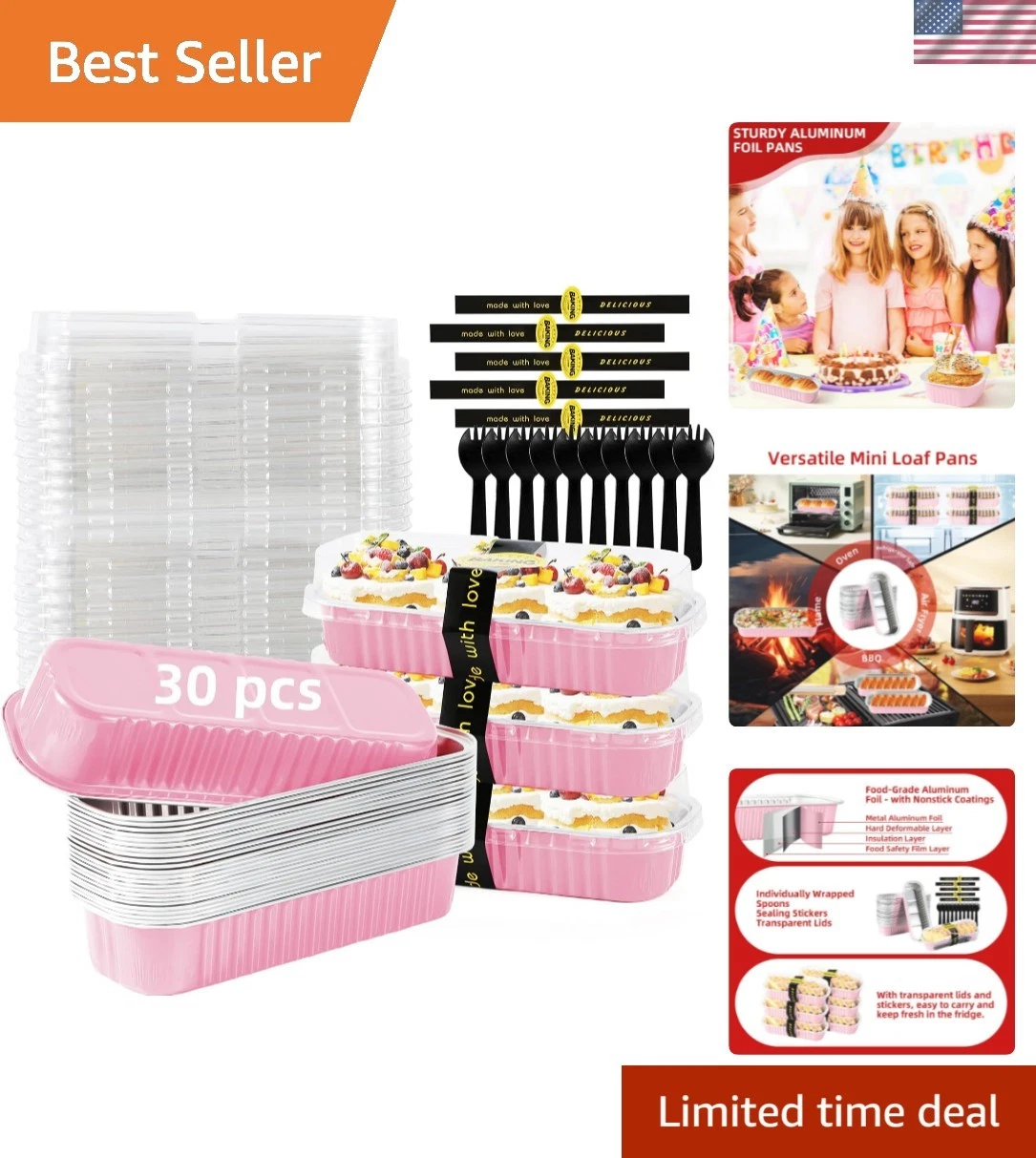 30 Pack Pink Disposable Rectangular Aluminum Foil Loaf Pans with Lids,6.8oz M...