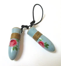 Antique Knitting Needle Guards Painted Flowers on Wood