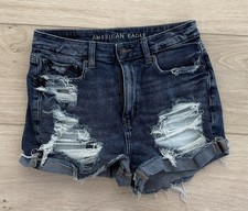 American Eagle Mom Short Medium Blue Denim Jean Shorts Size 6 Distressed Ripped