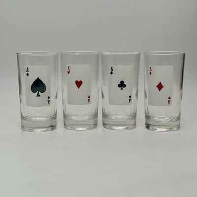 4 Aces Playing Card Highball Glasses Poker Barware MCM 1950s Vintage