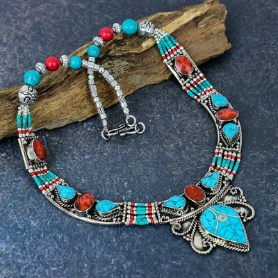 Turquoise Gemstone Handmade 925 Sterling Silver Tribal Nepali Jewelry Necklace