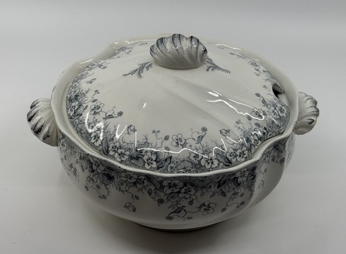 Antique TR Boote LUCANIA Tureen /Lid Blue Transferware Semi Porcelain c 1893