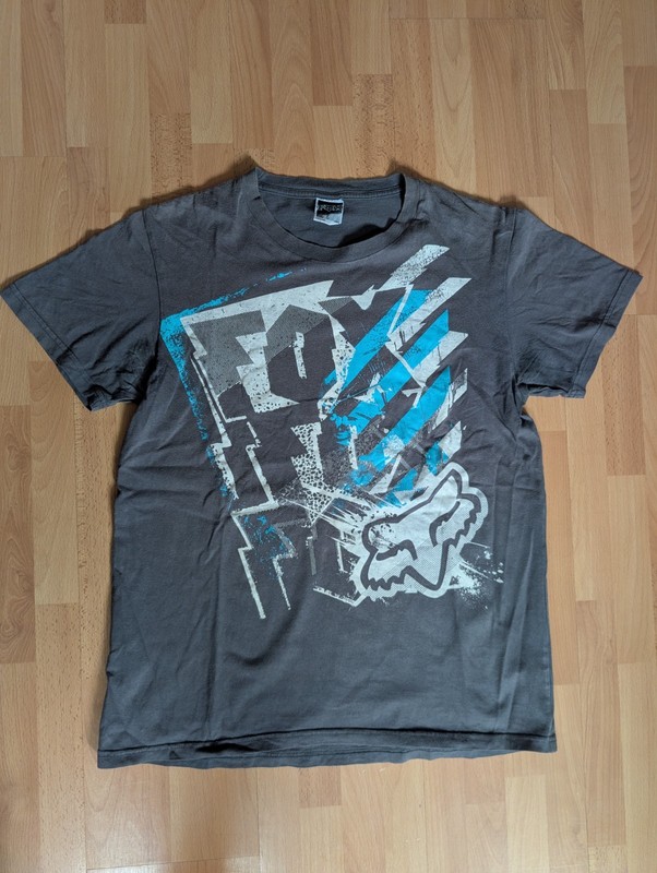 Fox Racing Mens Graphic T Shirt Charcoal Grey Blue Distressed Logo Size Medium