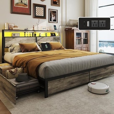 4 Drawers King Size Bed Frame Metal Platform Bed with Headboard  & LED Lights