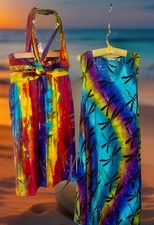Two Batik Dragonfly Halter Dresses, One Size, One Midi & One Short, Colorful