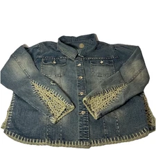CJ Vintage Crochet Embroidered Denim Jacket Size XL Button Down Long Sleeve Blue