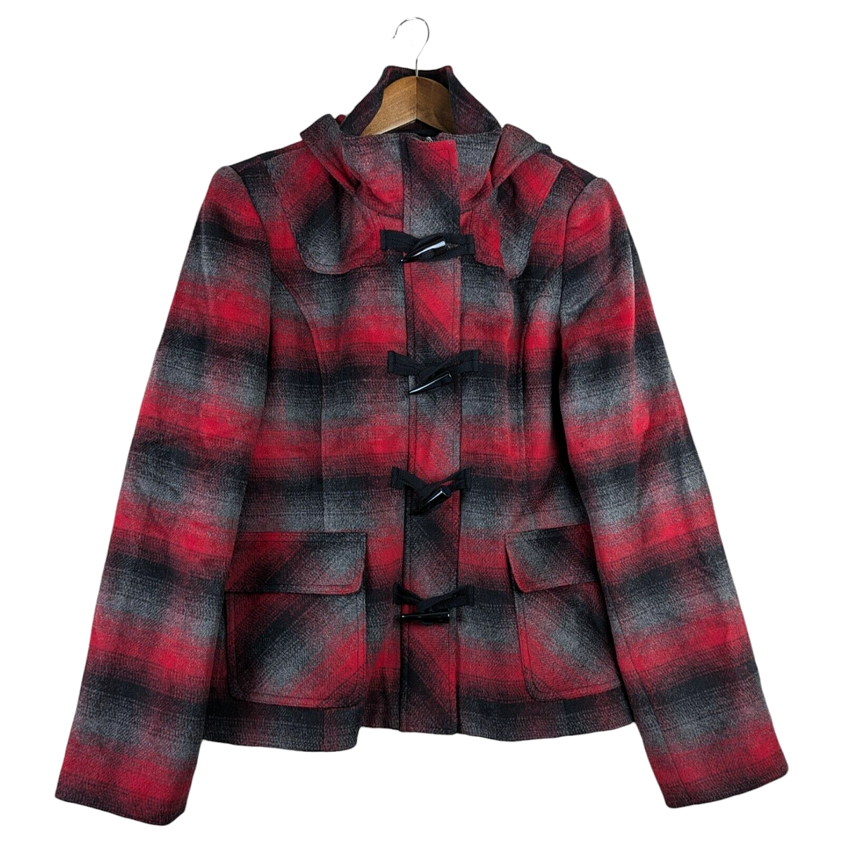 Kristen Blake Red Black Plaid Wool Blend Hooded Toggle Front Pea