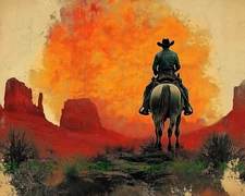Cowboy Riding Horse in Arizona Sunset AI Digital Print 8x10 Museum Paper T65