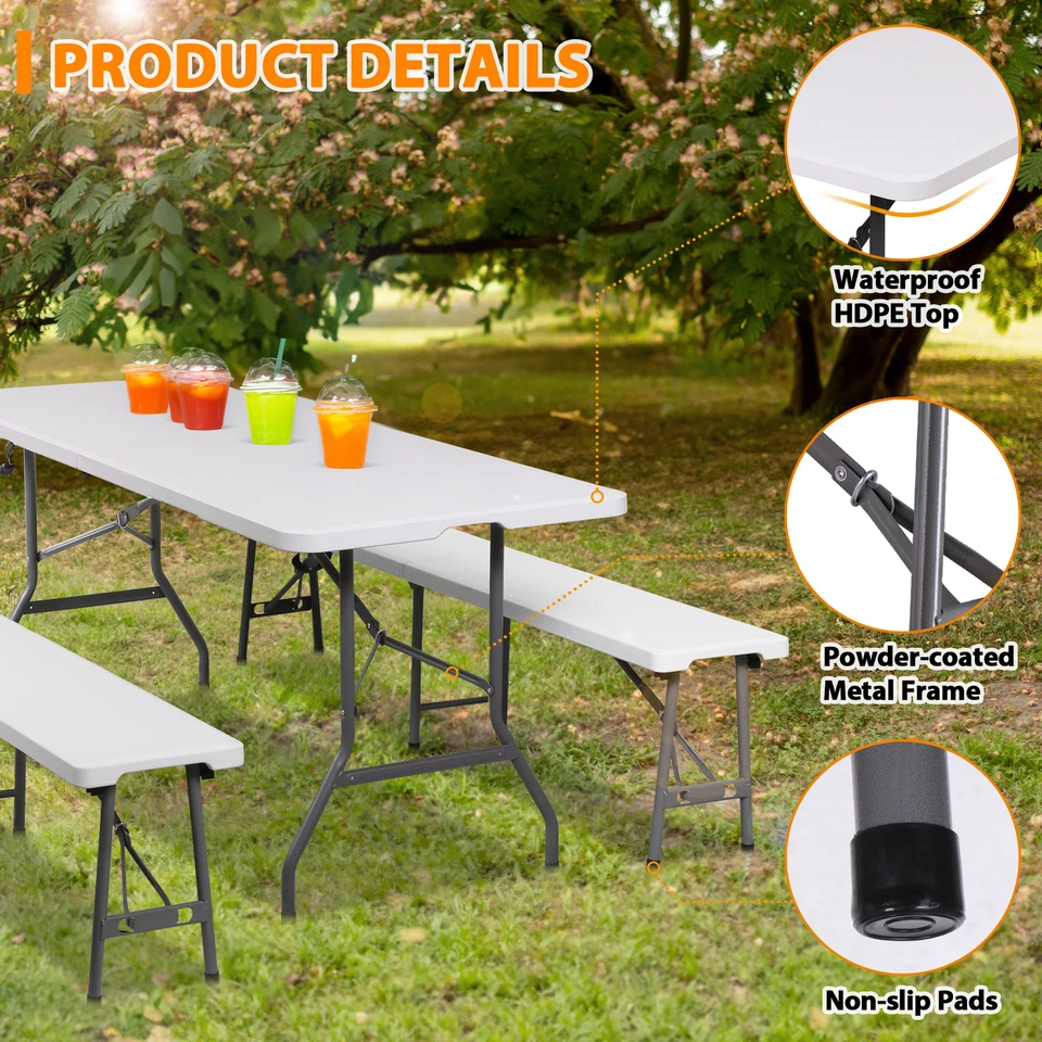 3-Piece Set 2 Folding Benches and 6FT Folding Table for Indoor Outdoor Use White - Image 3 of 4