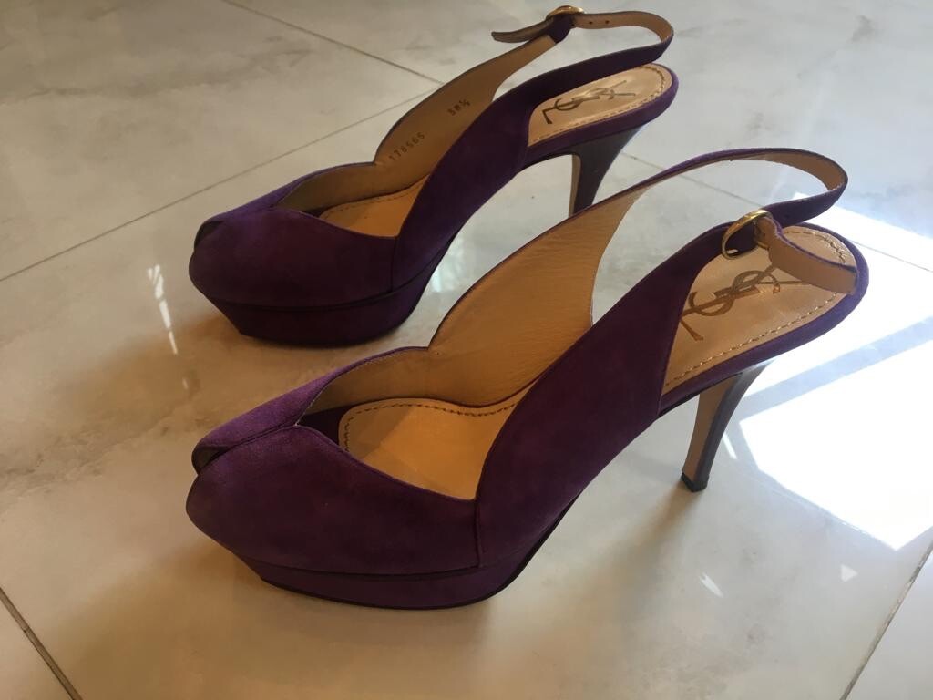Sandali Yves Saint Laurent YSL Tribute 75 tacchi Mary Jane viola pelle scamosciata taglia 38 5
