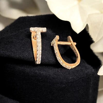 Pavé 0,40 Karat Runder Brillantschliff Diamanten Creolen T-Ohrringe 14K Roségold - Bild 1 von 4