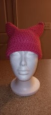 New Made In the USA Crochet Neon Pink Cat Ears Beanie Hat, Kids/Teens Age 8-14