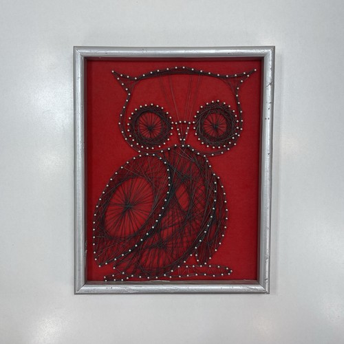 Vintage Owl La Rata Nail String Retro Wall Art Picture On Red Velvet Wood Frame - Picture 3 of 10