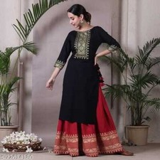Foria women printed rayon KURTI WITH SKIRT fully stitched black 