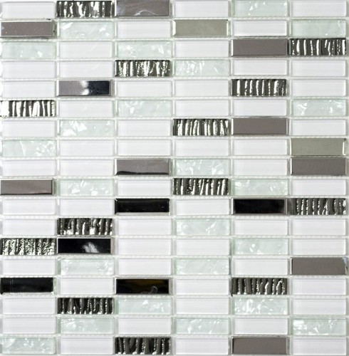 Stainless Steel Glass Mosaic Tile Mat White Silver Wall Tiles Back Wall Bathroom Kitchen WC - Picture 4 of 6