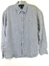 Tommy Hilfiger Mens Large 100 Linen Blue/White Striped Button Up Shirt AA33