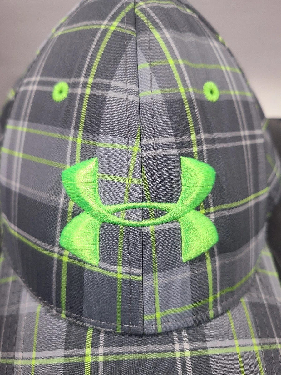 Under Armour L XL Embroidered Gray Lime Green Plaid Hat Cap Spandex
