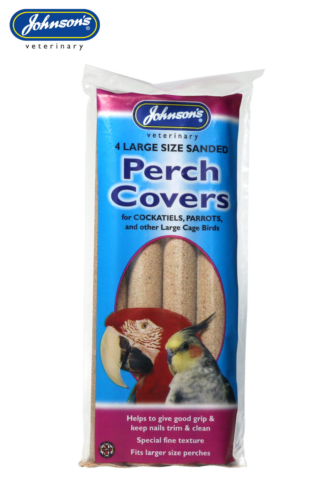 JOHNSONS LARGE SANDED PERCH COVERS 4 PK PARROT COCKATIEL CAGE BIRD 24CM