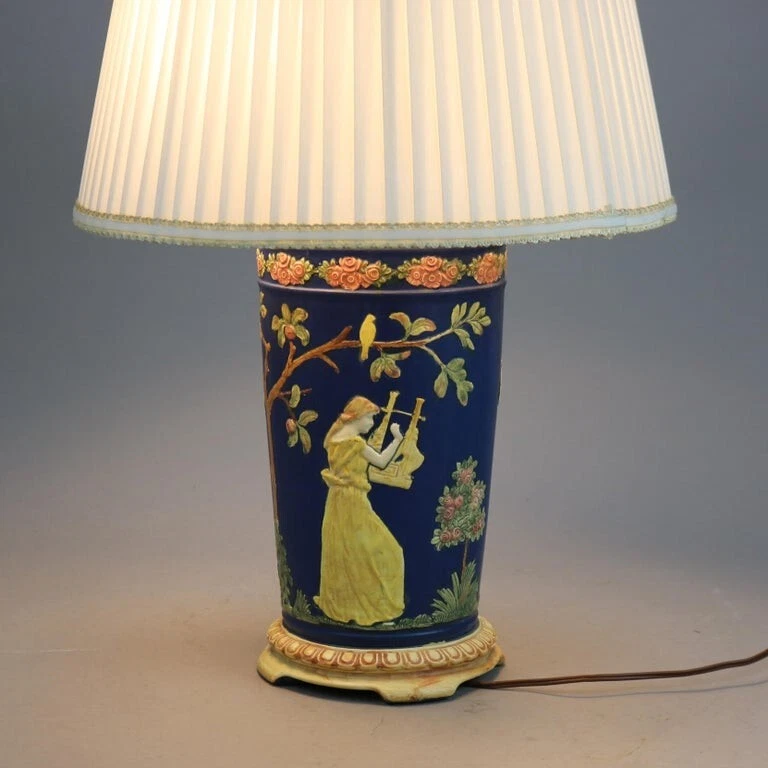 Antigua base de lámpara de cerámica arte camafeo griego clásico Attr. Weller, c1930 Foto 3 de 4