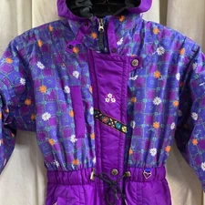 Vintage Obermeyer One Piece Ski Suit Snow Bib Purple Flowers Junior Child Sz 10
