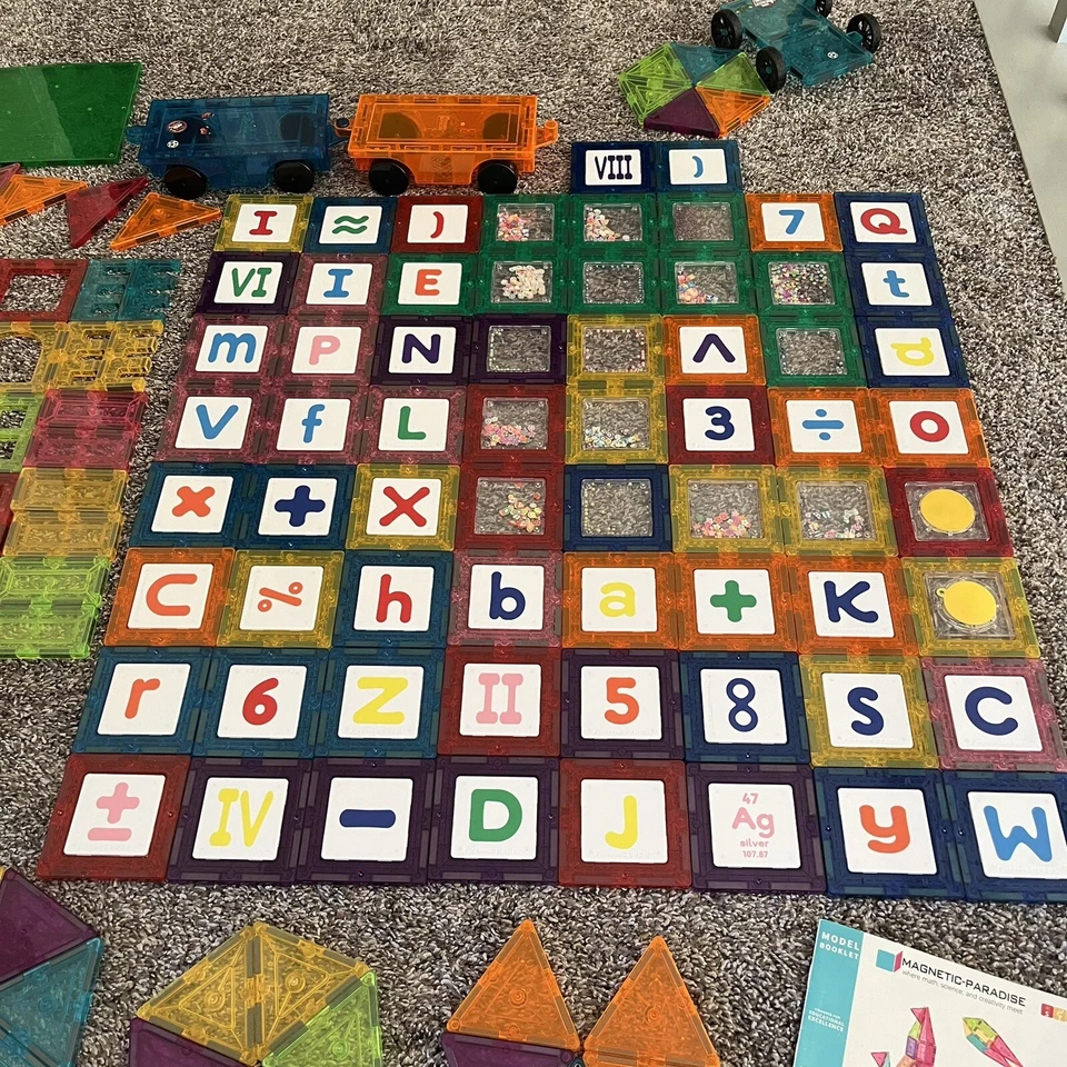 Lot Of 146 Magna Tiles Picasso Tiles Magnetic Pieces Shapes Symbols Car Train - Image 4 of 4