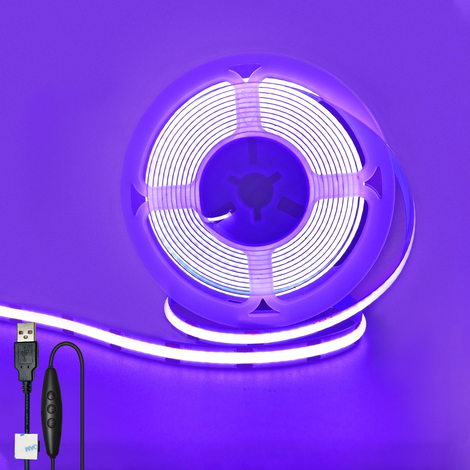 5V USB COB LED Strip Lights with Dimmable Switch Purple 8mm Width 320LEDs/m 8W/m
