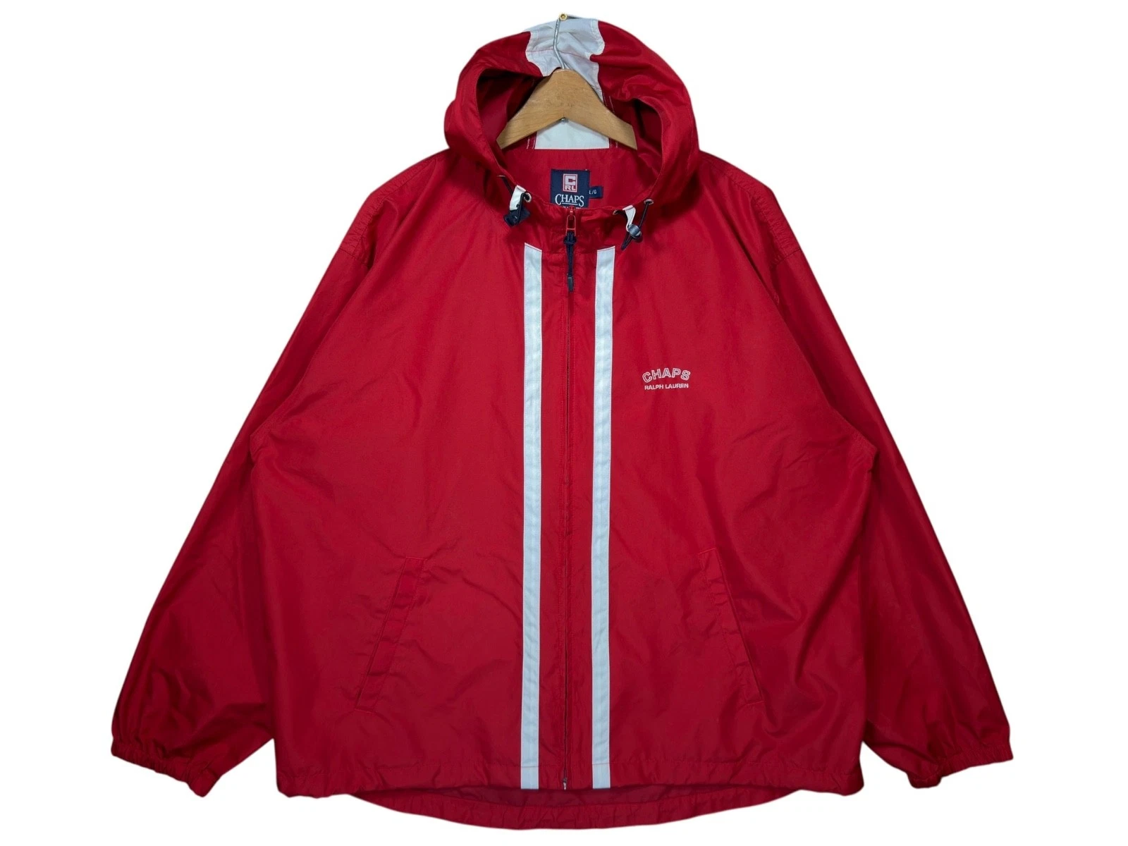 Chaps Ralph Lauren Windbreaker Red White Hooded Full Zip Track Jacket Men’s L