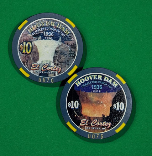 EL CORTEZ CASINO LAS VEGAS NEVADA $10 HOOVER DAM SERIAL NUMBER CASINO CHIPS (2)