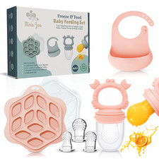 Minie Joo Baby Fruit Feeder Set, Bib  Breastmilk Popsicle Molds for Teething