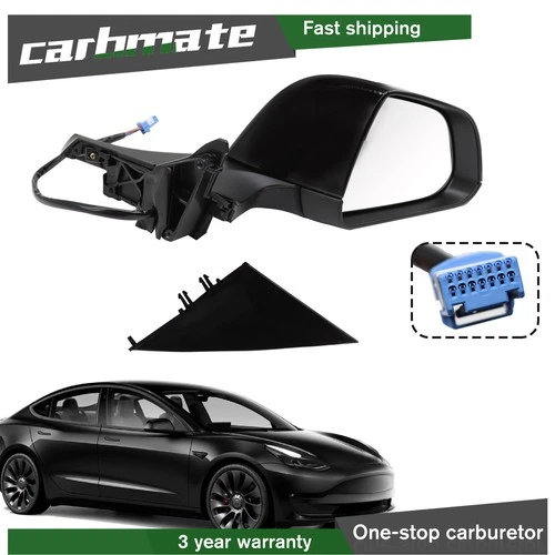Black Right Side Mirror Power Fold Memory Recall Heated For 17-23 Tesla model 3