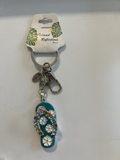 Island Reflections Hawaii Flip Flop Keychain Rhinestone Flowers Souvenir Teal