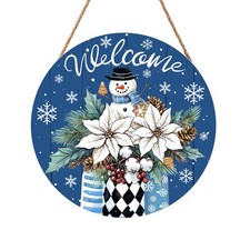 Welcome Winter Blue Poinsettia Front Door Sign Winter Snowman Wood Door Hange...
