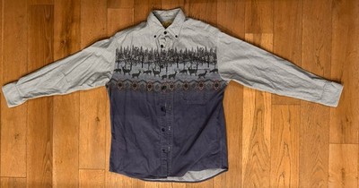 VTG Cabelas Deerskin Soft Chamois Shirt Mens M Southwestern Deer Print Aztec