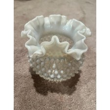 Vintage Fenton Hobnail Opalescent Glass Vase White Ruffled Rim Art Glass
