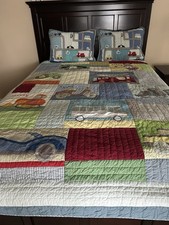 Land Of Nod Bed Quilt Comforter; Two Shams Vehicles Car Train Tractor Size Full
