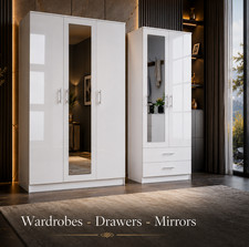 White High Gloss Wardrobes Furniture 2/3 Door with Drawers Mirrors Hanging Rails