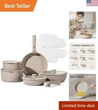 15-Piece Nonstick Granite Cookware Set with Detachable Handles - Taupe Elegance
