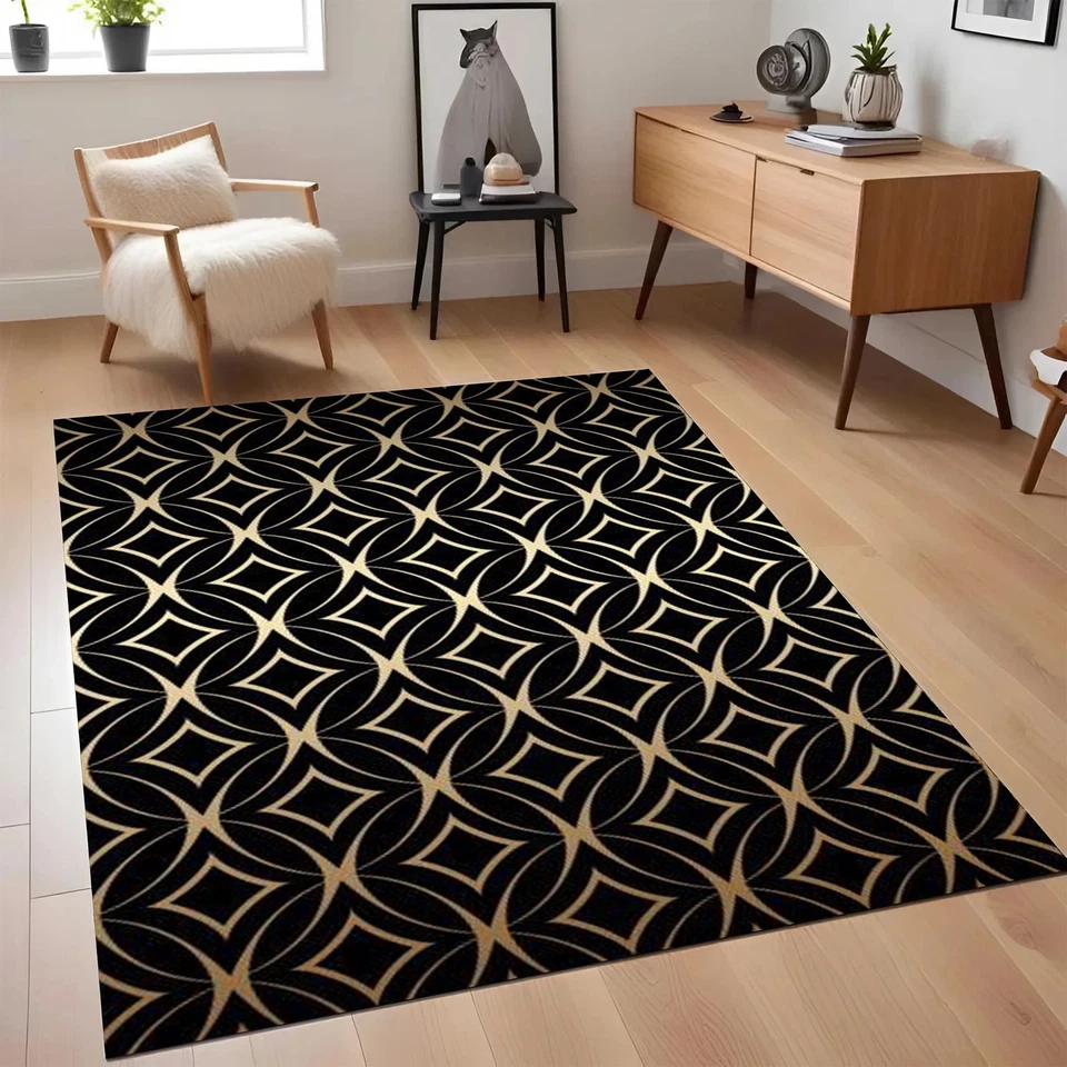 Modern Art Deco Circles Pattern Area Rug | Black & Gold Decor - Image 4 of 4