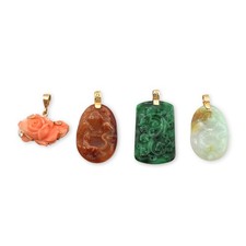 Lot of 4 Vintage 14K & 18K Gold Carved Coral and Jade Pendants